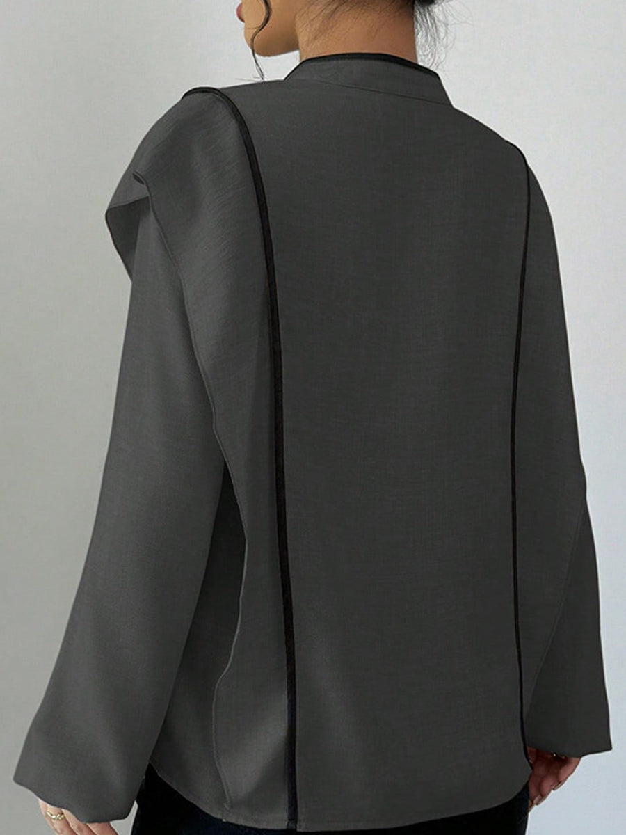 blouse in Dark Gray with decorative button and hip-length