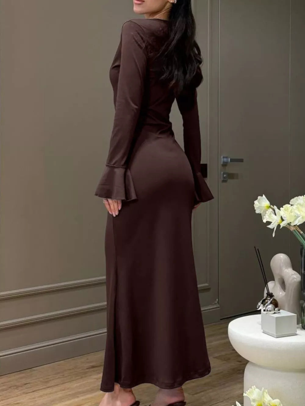 Khaki bodycon dress with maxi and button-front