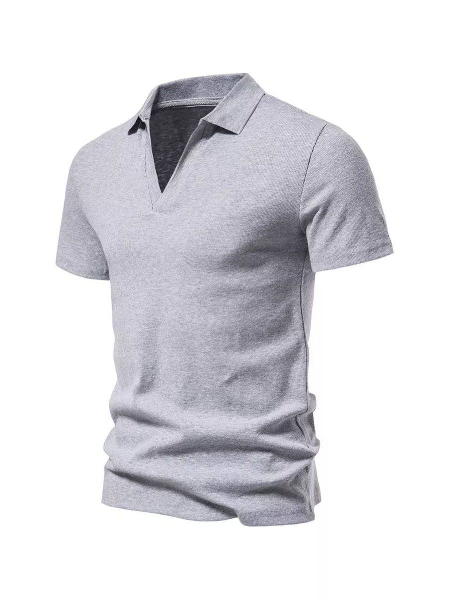 Men's light gray cotton blend polo shirt with notched collar and short sleeves.