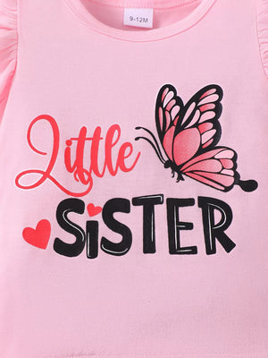 Pink baby girls' undershirt with ruffled sleeves, butterfly graphic, and "Little Sister" text.