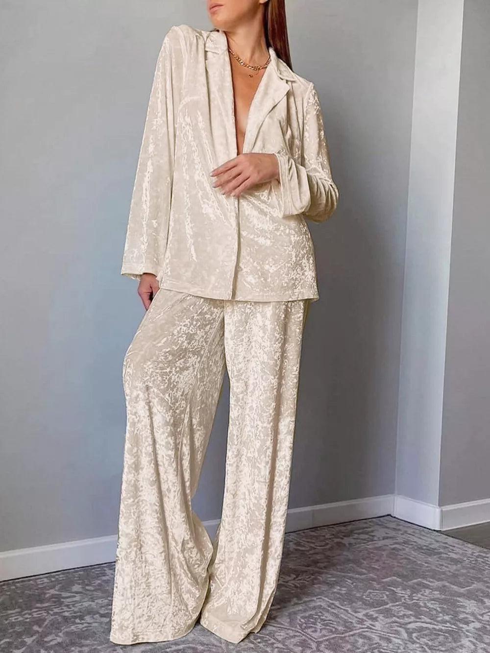 ivory lounge set with crushed velvet texture and notch lapel