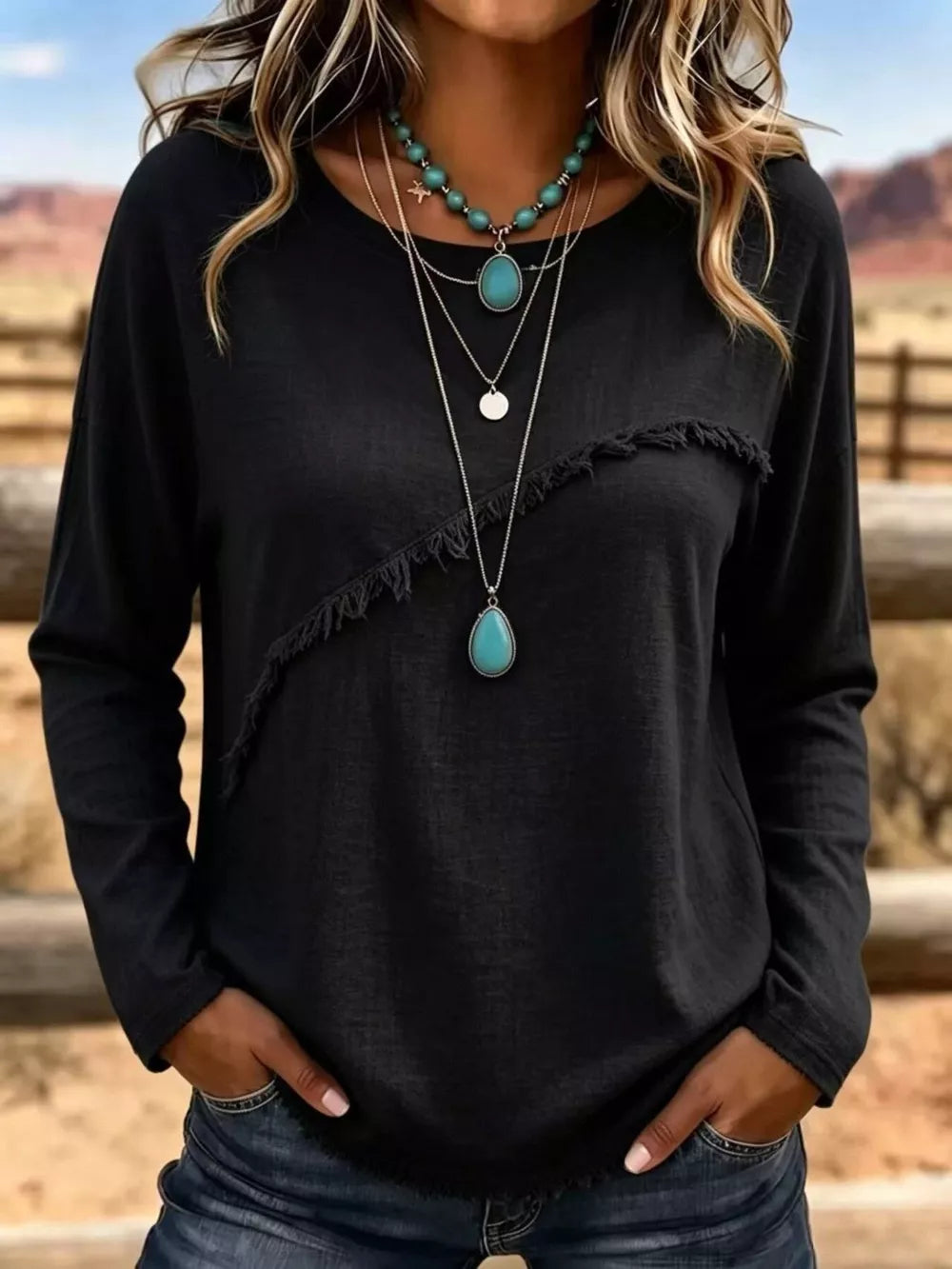 Grey Full Size Fringe Detail Long Sleeve T-shirt Plus Size