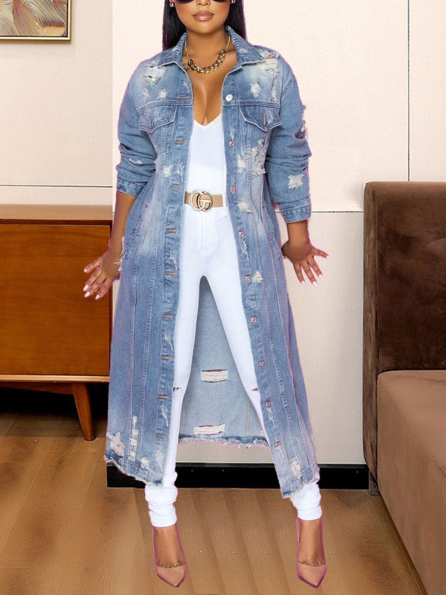Distressed light wash denim duster coat with button front and long sleeves.