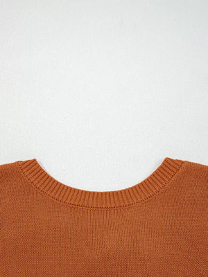 Caramel acrylic blend sweater with ribbed crew neck and drop shoulders.