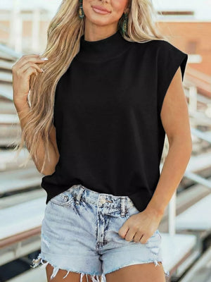 Black mock neck cap sleeve t-shirt with a comfortable fit