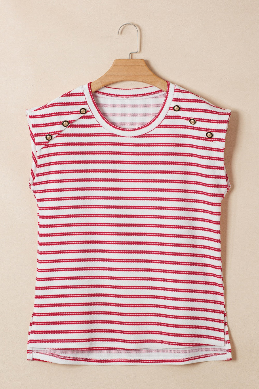 Textured knit tee with red stripes, crew neck, and decorative button detail on shoulders.