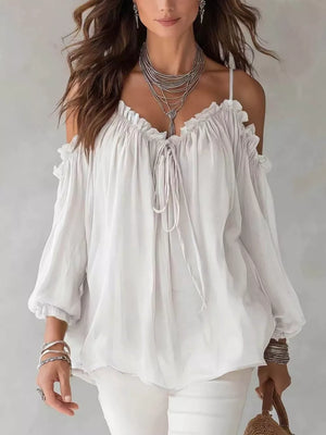 Navy Blue Frill Spaghetti Strap Tie Front Blouse