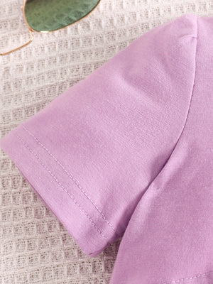 Toddler violet cotton blend crop top sleeve detail with double stitching.