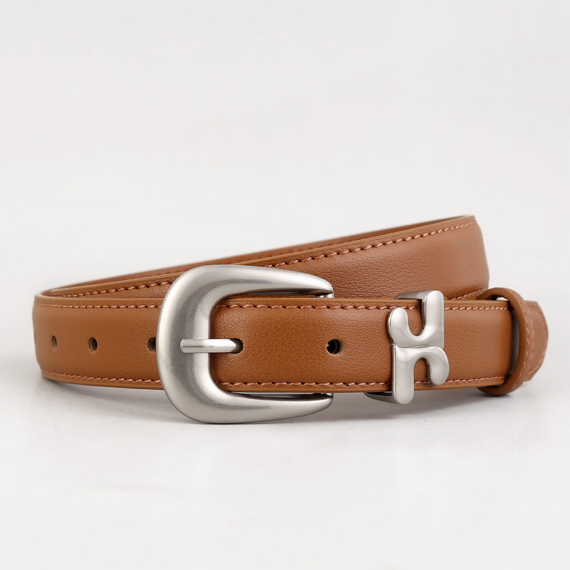 Brown cowhide leather belt with H-shaped buckle and silver buckle.