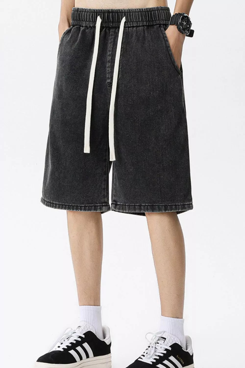 Black gray denim shorts for him with drawstring and elastic waist.