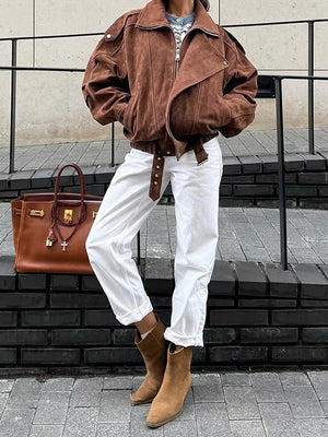 brown moto jacket with hip-length and zip-front