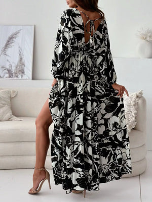 Blue Printed V-neck Balloon Sleeve Maxi Dress