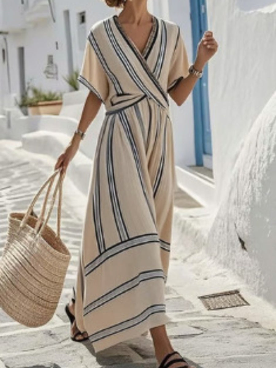 White Striped Short Sleeve Wrap Maxi Dress Plus Size
