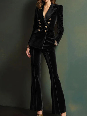 Black blazer and pant set with full-length and button-front