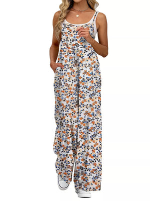 Green Floral Print Floral Print Wide Leg Spaghetti Strap Overalls