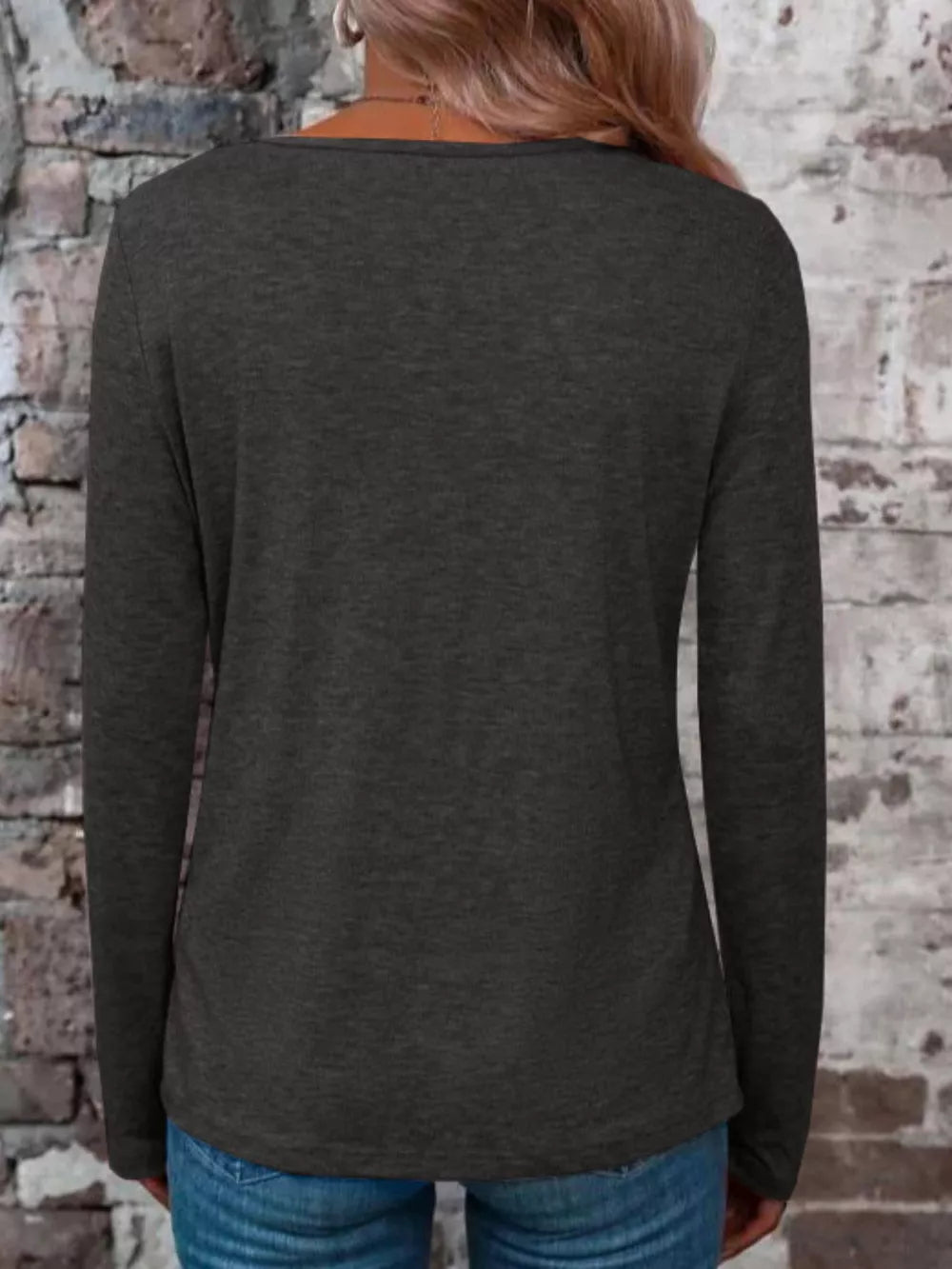 Gray Crisscross V-neck Long Sleeve T-shirt