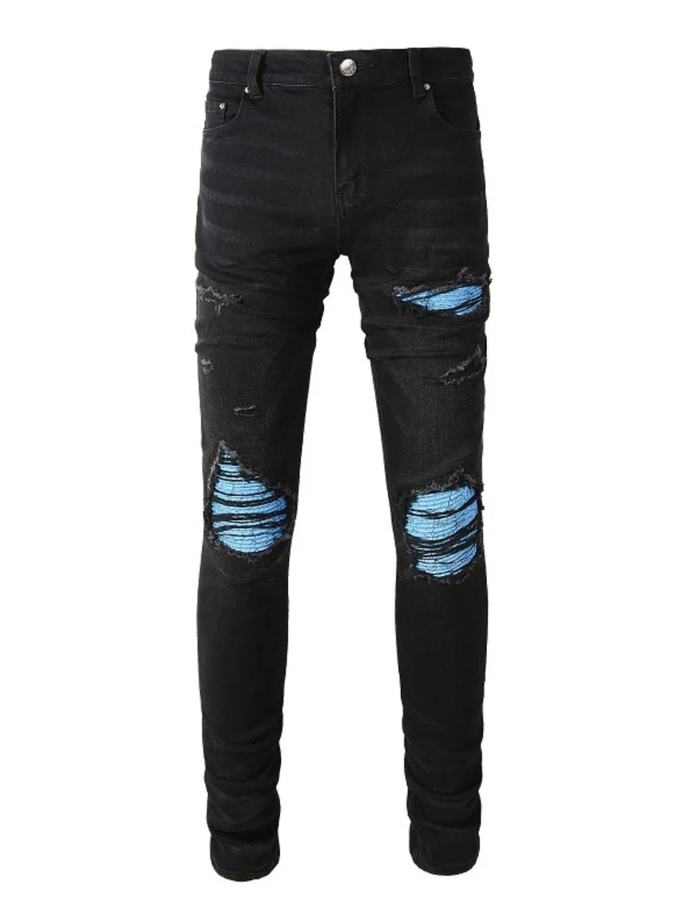 Black distressed denim jeans with azure underlay detail.