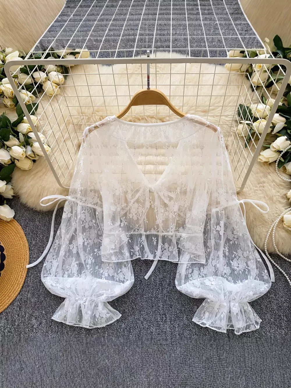 White Sheer Lace Tie Front Flounce Sleeve Top