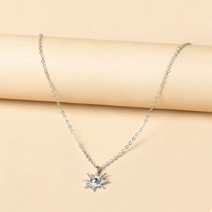 Silver sunburst pendant necklace with delicate chain, 18K gold-plated boho style jewelry
