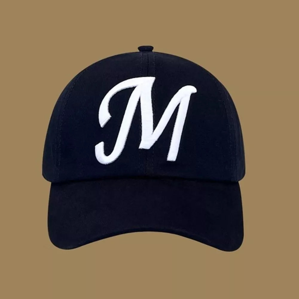 Black baseball cap with white embroidered M detail