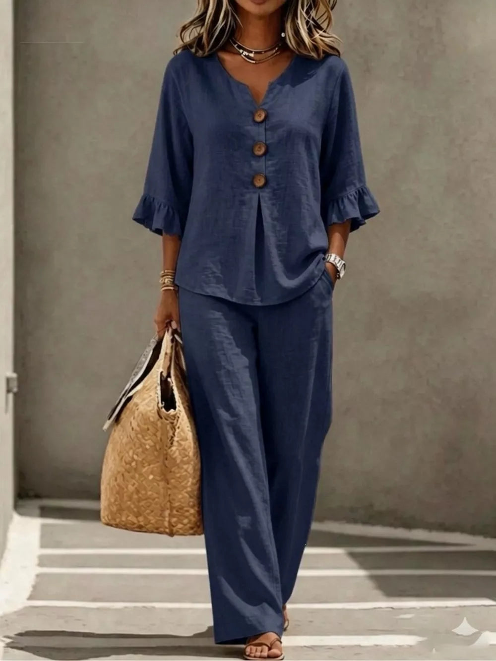 Light Blue Decor Button Ruffled Top & Wide-leg Pants Set Plus Size