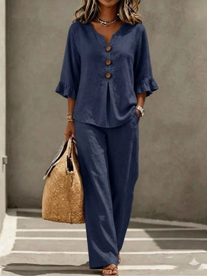 Light Blue Decor Button Ruffled Top & Wide-leg Pants Set Plus Size