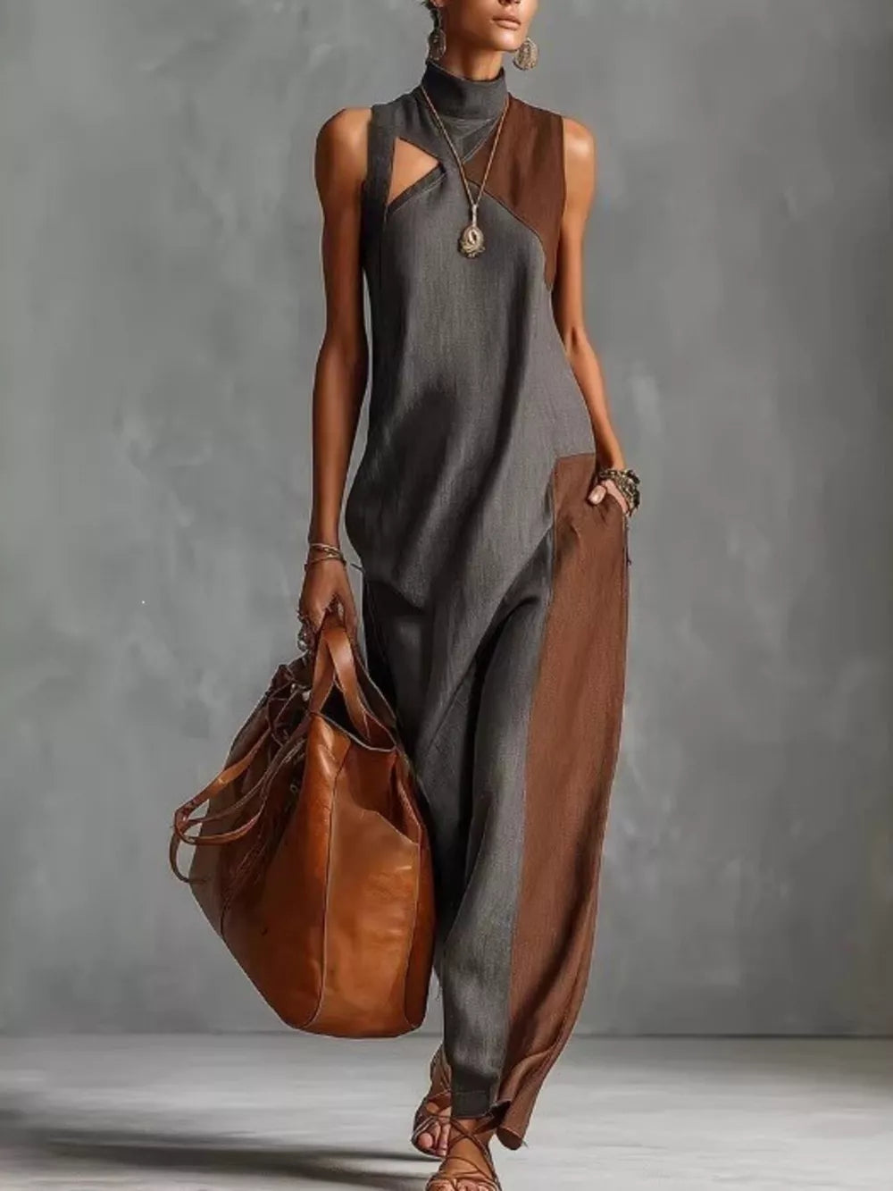 Dark Gray Color Block Mock Neck Sleeveless Maxi Dress Plus Size