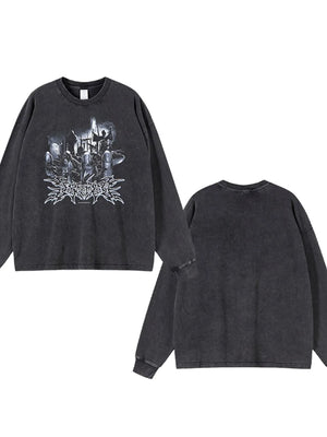 Washed black oversized long sleeve t-shirt with a bold graphic print on the front.