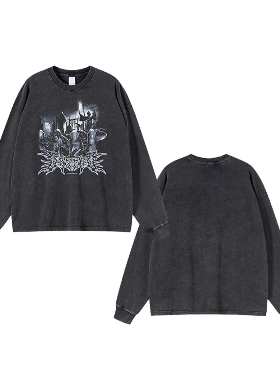 Washed black oversized long sleeve t-shirt with a bold graphic print on the front.