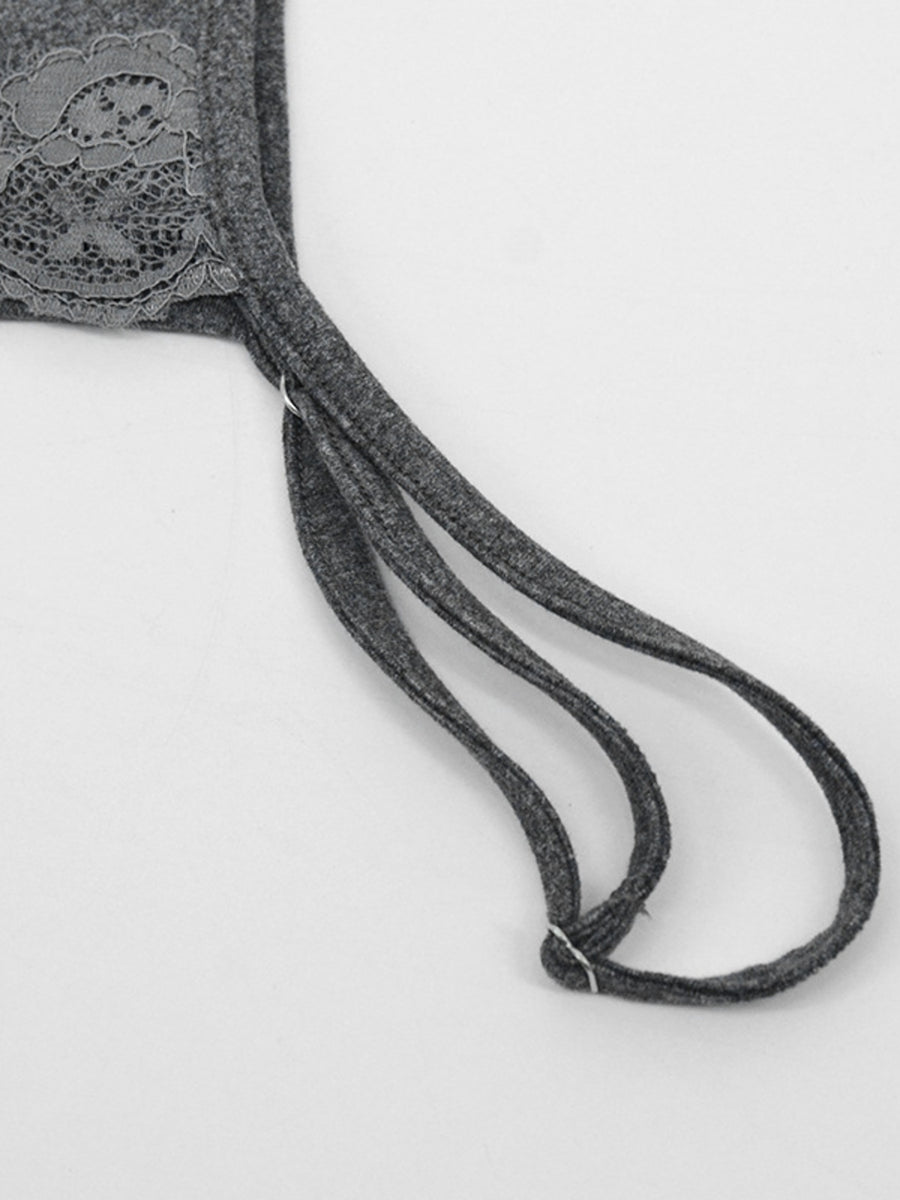 Grey bodycon mini dress with lace trim detail and spaghetti straps.