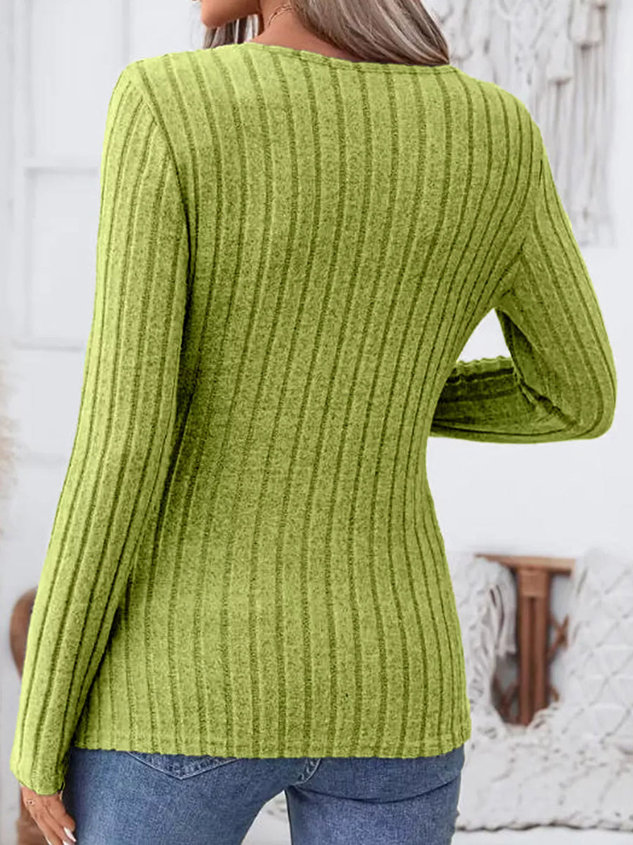 Ribbed knit long sleeve top in sage with notched neckline detail.