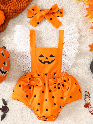 orange romper with polka dot and square neck