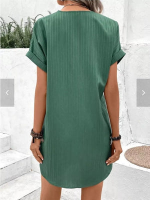 Full Size Casual V-neck Short Sleeve Dress in Light Blue