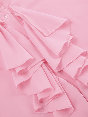 Pink ruffled flounce sleeve blouse with button detail