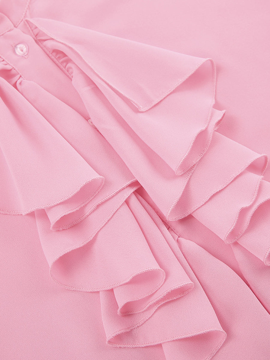 Pink ruffled flounce sleeve blouse with button detail