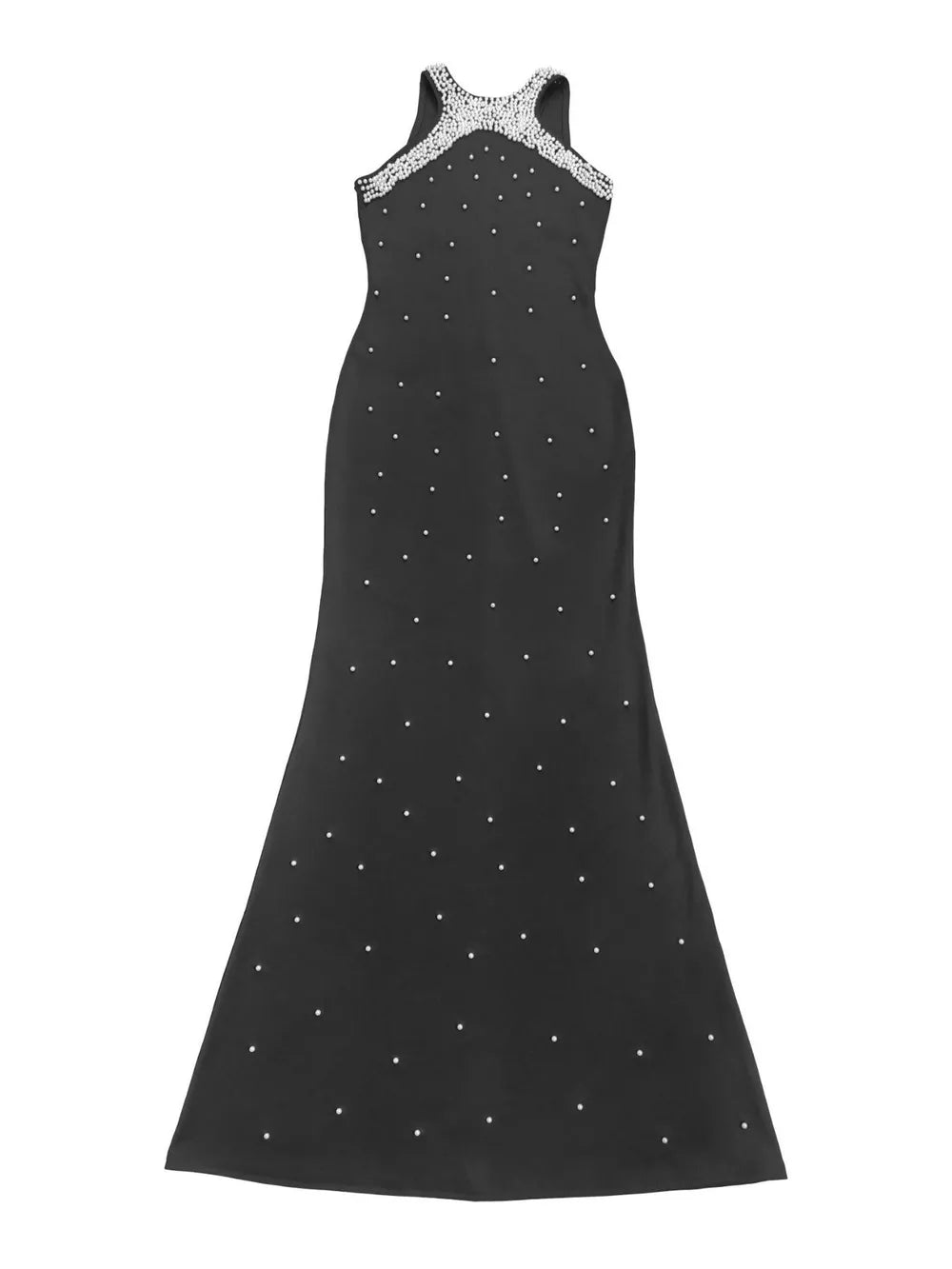 maxi dress in black with pearl embellishment and maxi