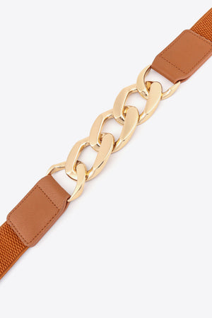 Ochre and gold chunky chain elastic belt with faux leather accents