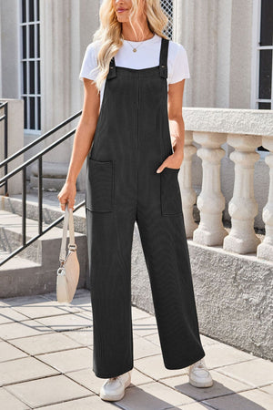 Striped denim overalls in Dark Gray with patch pockets and adjustable straps.
