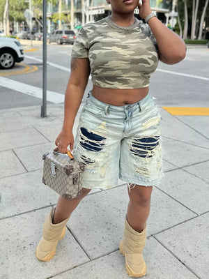 Light Blue with Denim Distressed Denim Bermuda Shorts in Light Blue