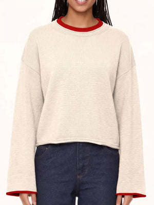 crewneck sweater in Brown with ribbed and cropped