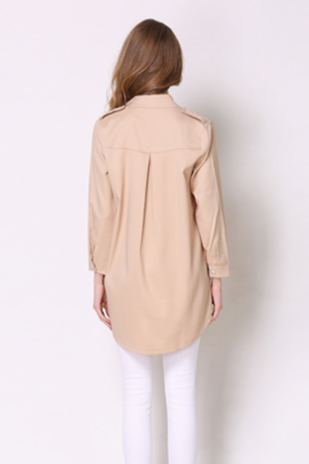 Tan Drape-Front Trench with Shoulder Detailing