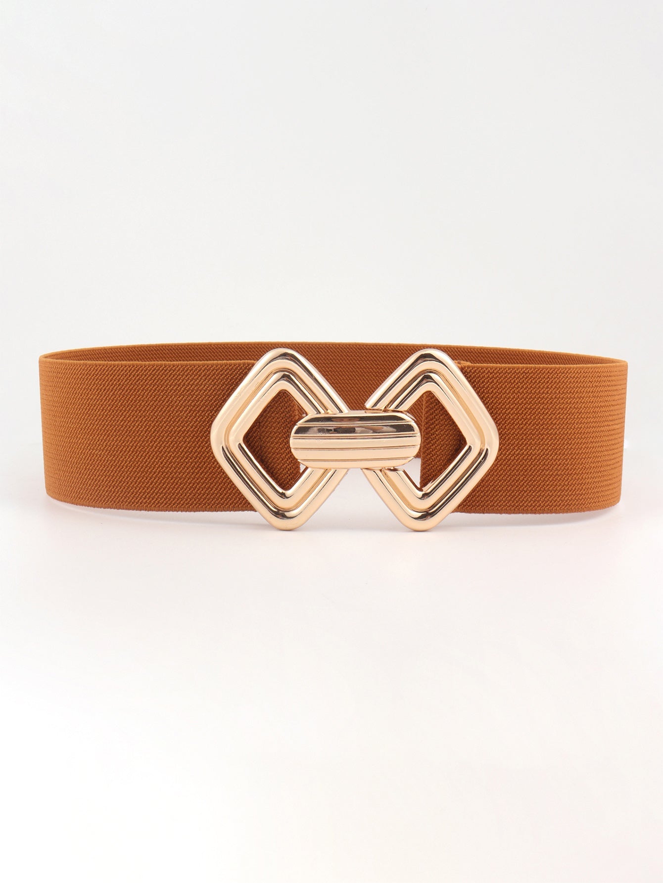 Elasticated waist belt in chestnut with geometric gold buckle
