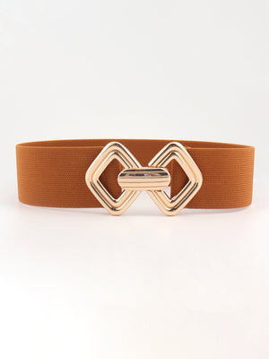 Elasticated waist belt in chestnut with geometric gold buckle