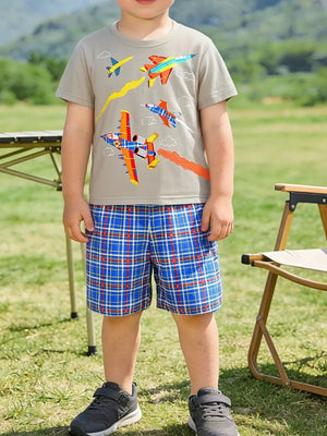 Toddler boys' tan t-shirt with airplane graphic and blue plaid shorts.