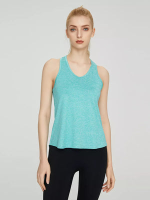 Teal heathered athletic tank top with racerback and V-neck.