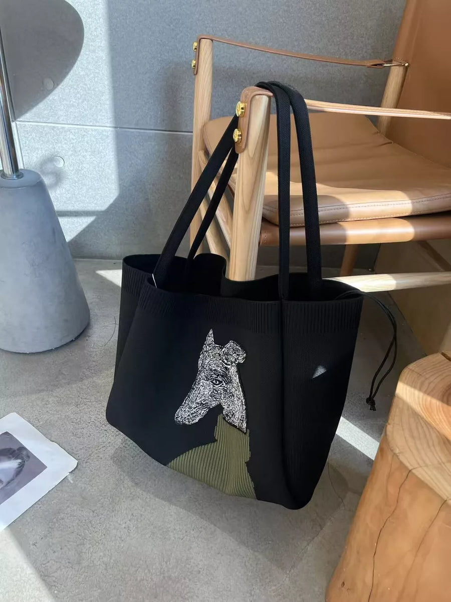 Black with Dog Knit Shoulder Bag in Black