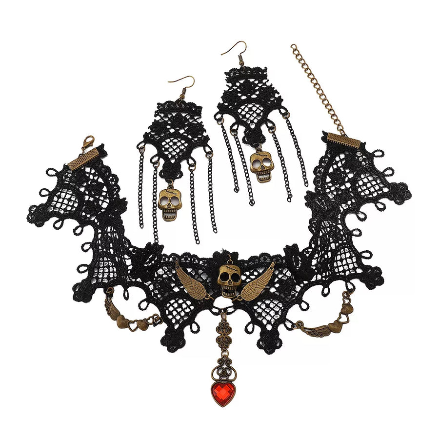 necklace featuring skull motif in red with Iron,Rhinestone,lace Care instructions: Avoid wearing during exercise, as sweat