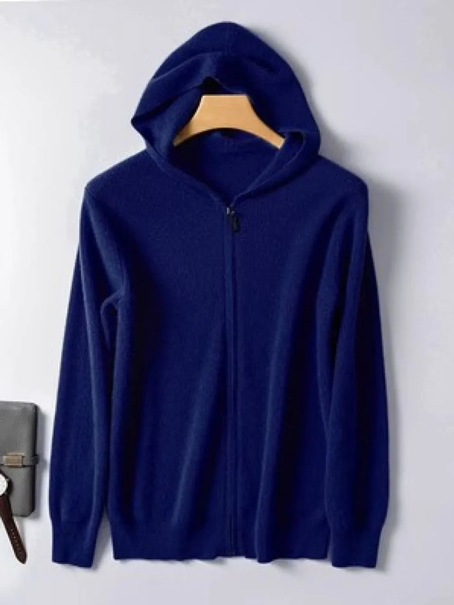 Peacock blue cashmere hooded zip-up sweater with a full zipper closure.