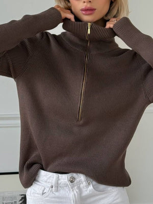 chocolate brown zip-up sweater with hip-length and quarter-zip