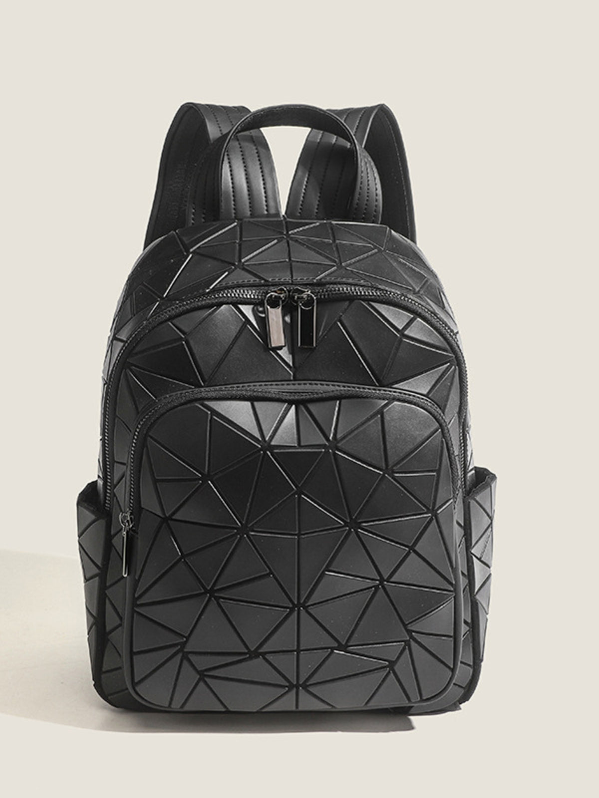 backpack in black featuring front zip pocket and structured fit